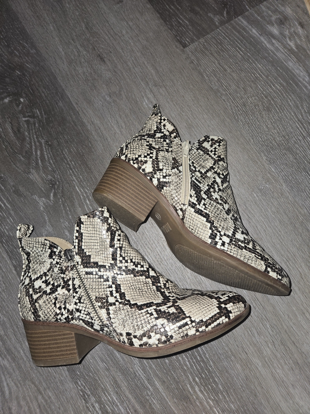 MIA Beige and Black Snake-Print Ankle Booties